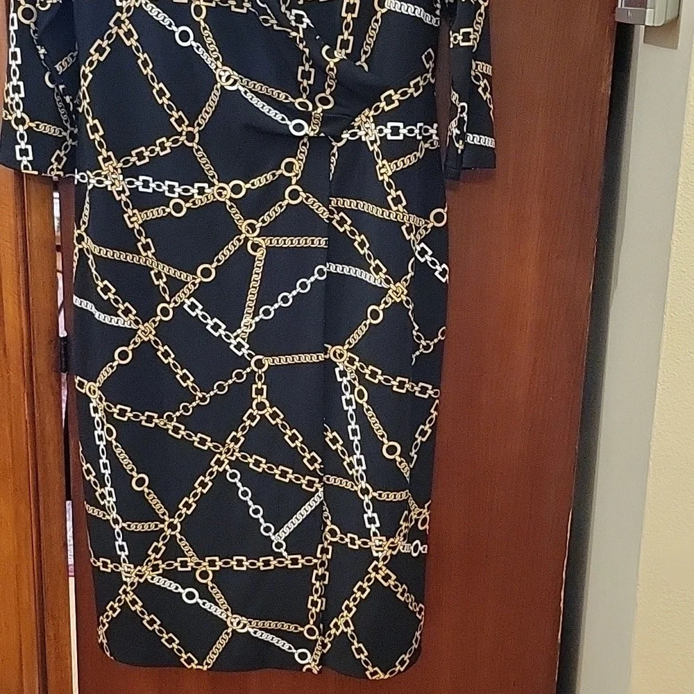 Chico’s | Black Faux Wrap Chain Print Midi Dress - US Size 8/10 - Picture 3 of 9